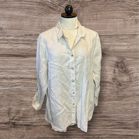 Chico's LINEN Button Down Cream Beige Striped Long Sleeve Blouse Sz 3 (XL) - Picture 1 of 10